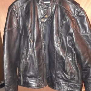 Black leather motorcycle riding coat